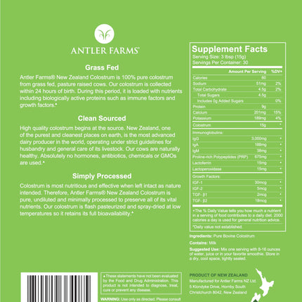 Antler Farms NZ Colostrum – 30 Servings, Grass-Fed, Cold Processed, High IgG, Undiluted