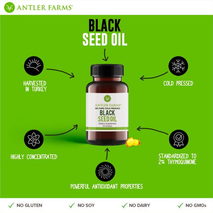 Antler Farms Black Seed Oil Softgel Capsules – 60 Softgels, 500mg, 2% Thymoquinone (Pack of 2)