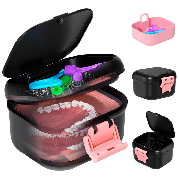 ANYLEY Leak-Proof Denture Case – Travel Cup with Strainer (Black/Pink)