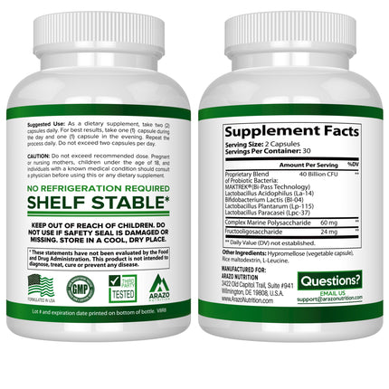 Arazo Nutrition Probiotic 40B CFU - Time-Release & Shelf-Stable (2 Pack)