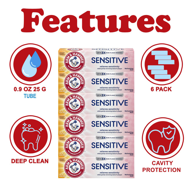 ARM & HAMMER Sensitive Teeth & Gums Toothpaste – 6 Pack, Mint, 0.9 oz Tubes