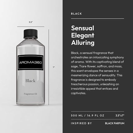 Aroma360 Black Diffuser Oil Blend | Luxury Essential Aromatherapy for Reed Diffusers | Sage, Tiaré Flower & Saffron | 16.9 oz (500 mL)