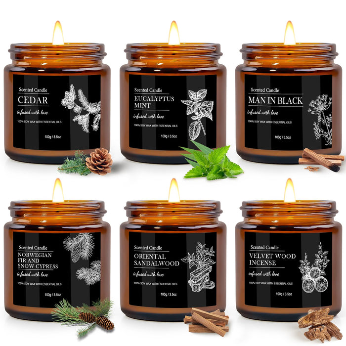 Scented Candles for Men - 6 Pack Aromatherapy Candles | Sandalwood Cedar | 150 Hour Burn Time