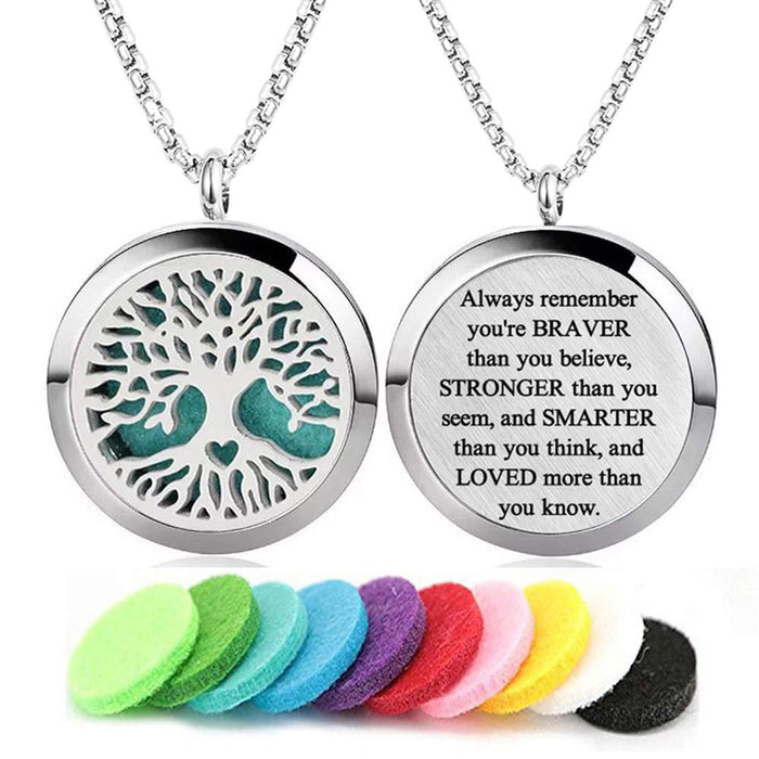 Aromatherapy Essential Oil Diffuser Necklace - Stainless Steel Locket Pendant, Tree of Life