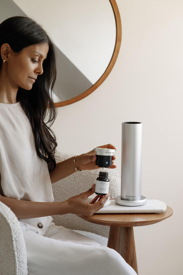 AroMini BT Plus Scent Diffuser by AromaTech — Bluetooth Nebulizing Diffuser (Silver)