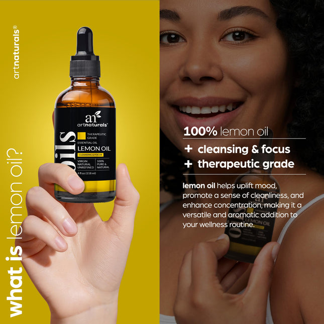 ArtNaturals Lemon Essential Oil 4 oz (118 ml) – 100% Pure, Therapeutic Grade – For Skin, Hair, Aromatherapy & Diffuser