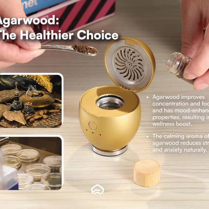 Orbby Scent Diffuser Starter Kit by Artronic — Flameless, Portable Desk Diffuser with Pellets (Gold)