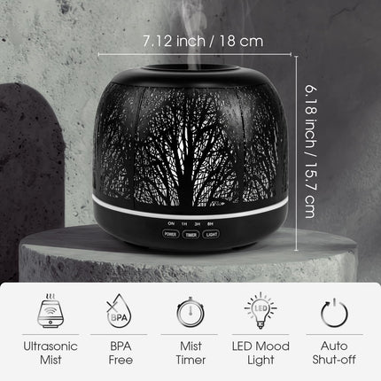 ARVIDSSON 500ml Essential Oil Diffuser – Metal Diffuser for Large Rooms, 7-Color Mood Light, Auto Shut-Off, Timer, Gift for Women – Black Tree