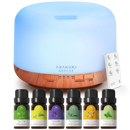 ASAKUKI Oil Diffuser with Essential Oils Set, 500ml Aromatherapy Humidifier with 14 LED Colors & Auto Shut-Off - 6 Oil Gift Pack(Lavender Eucalyptus Tea Tree Orange Peppermint Lemongrass)