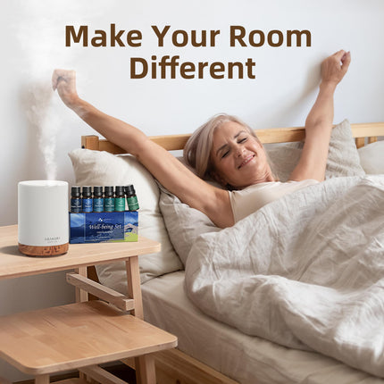 ASAKUKI Essential Oil Diffuser – 300ml Brown, 6 Oils, Auto-Off, 7 LED Colors