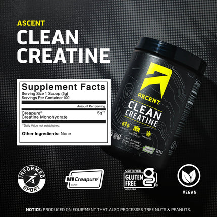 Ascent Clean Creatine Monohydrate Powder – 5G Per Serving, Creapure, Unflavored, 100 Servings