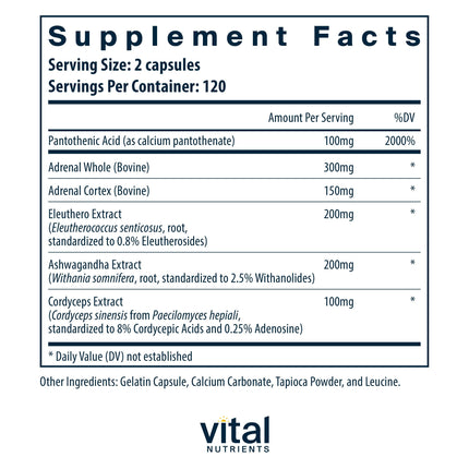 Vital Nutrients Adrenal Support - Stress Response & Energy Support, Gluten Free, 240 Capsules