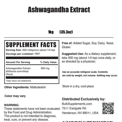 BulkSupplements Ashwagandha Root Extract Powder – 600 mg per Serving, 1 kg, Vegan & Gluten Free