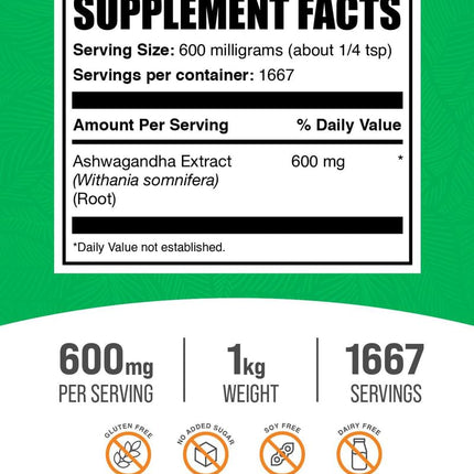 BulkSupplements Ashwagandha Root Extract Powder – 600 mg per Serving, 1 kg, Vegan & Gluten Free