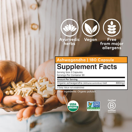 ORGANIC INDIA Ashwagandha Capsules - Organic Ashwagandha Supplement - Vegan, Gluten-Free, Kosher, Non-GMO - 180 Capsules