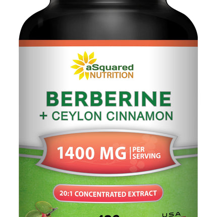 aSquared Nutrition Berberine with Ceylon Cinnamon – 1400mg Max Strength, 120 Capsules