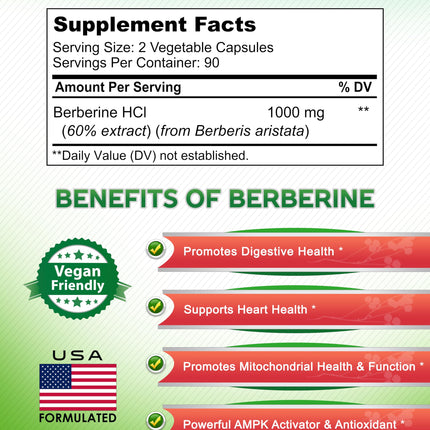 aSquared Nutrition Pure Berberine 1000mg – 180 Veggie Capsules | Max Strength HCl
