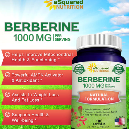 aSquared Nutrition Pure Berberine 1000mg – 180 Veggie Capsules | Max Strength HCl