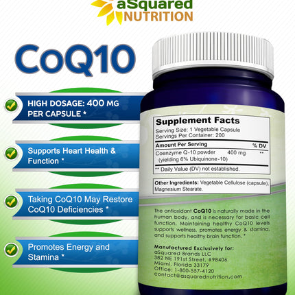 aSquared Nutrition CoQ10 400mg Max Strength – 200 Vegan Capsules