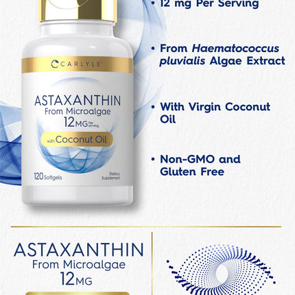 Carlyle Astaxanthin 12mg - 120 Softgels | Microalgae, Coconut Oil | Non-GMO & Gluten Free