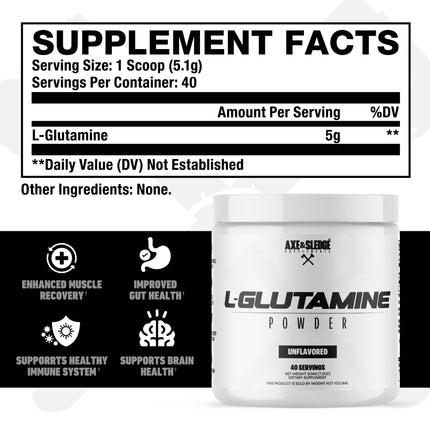 Axe & Sledge Basics Glutamine – 5g Pure L-Glutamine per Serving, Unflavored, 40 Servings