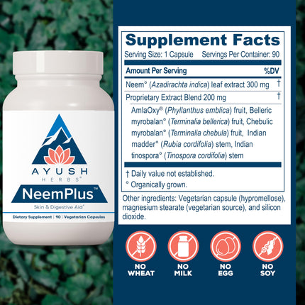 Ayush Herbs Neem Plus - Digestive Health, Skin & Immune Support, 90 Vegetarian Capsules