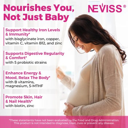 NEVISS Prenatal Multivitamin Gummies for Women – Methylfolate 1mg, DHA+EPA, Iron, Choline, Sugar-Free, 120 Count
