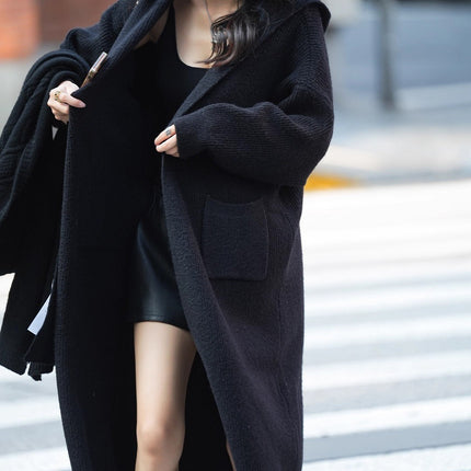 Long Knitted Cardigan Women's Sweater Hooded Trench Coat Coat