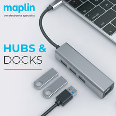 Maplin USB-C Multiport Hub to 3x USB-A 3.0 / Gigabit RJ45 - Silver