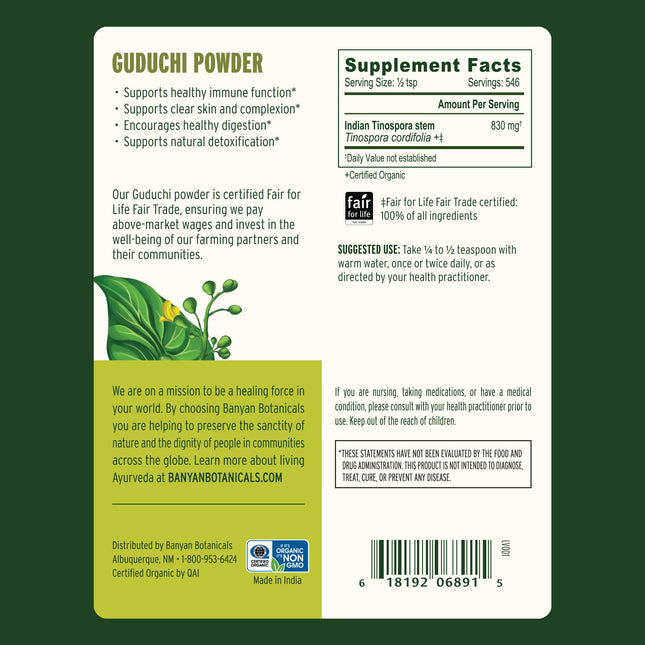 Banyan Botanicals Guduchi Powder – Organic Immune Support & Digestive Health, 1 lb | Non-GMO, Sustainably Sourced, Vegan