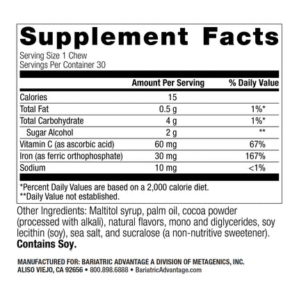 Bariatric Advantage Iron Chewy Bite Chocolate Raspberry Truffle (30 mg Iron, 60 mg Vitamin C) 30 Count (Pack of 2)