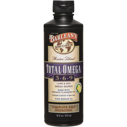 Barlean's Total Omega 3 6 9 Liquid – Lemon Flavor, 16 oz | 6,468 mg Omegas