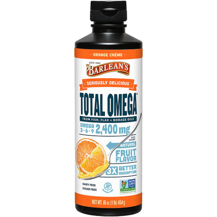 Barlean's Total Omega 3 6 9 Liquid – Orange Crème, 2,400 mg Omegas per Serving, 16 oz