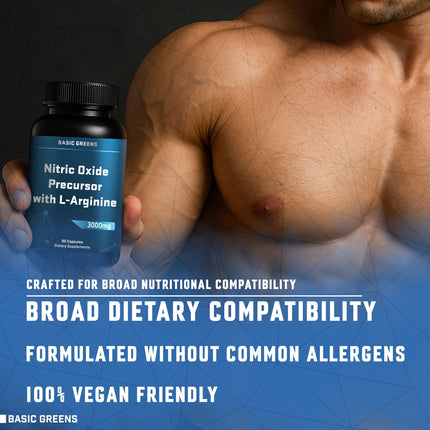 BASIC GREENS L-Arginine 3000mg – Vegan Nitric Oxide Booster for Endurance & Energy | 180 Capsules