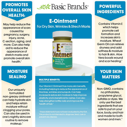 Basic Organics Vitamin E Ointment, 2 oz – Moisture Boost, Supports Scars & Fine Lines