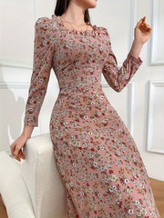 Vibrant Floral Print Square Neck Blouse - Elegant Ruffle Trim, Long Sleeve, Slim Fit, Comfy, Versatile, Spring & Fall Essential - Women's Stylish Clothing for Everyday Wear