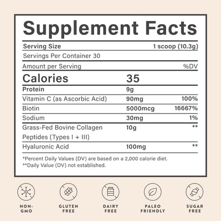 Beam Collagen Powder for Women with Hyaluronic Acid & Biotin – Grass-Fed, 60 Servings