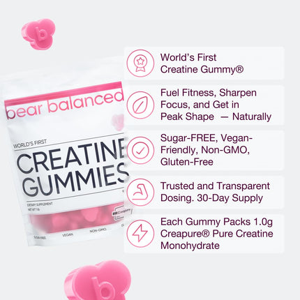 Bear Balanced Creatine Gummies with Creapure Monohydrate, L-Theanine & B12 – Focus, Energy & Strength (Vegan, Sugar-Free, Low-Calorie)