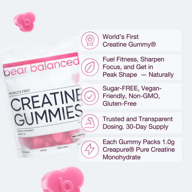 Bear Balanced Creatine Gummies with Creapure Monohydrate, L-Theanine & B12 – Focus, Energy & Strength (Vegan, Sugar-Free, Low-Calorie)
