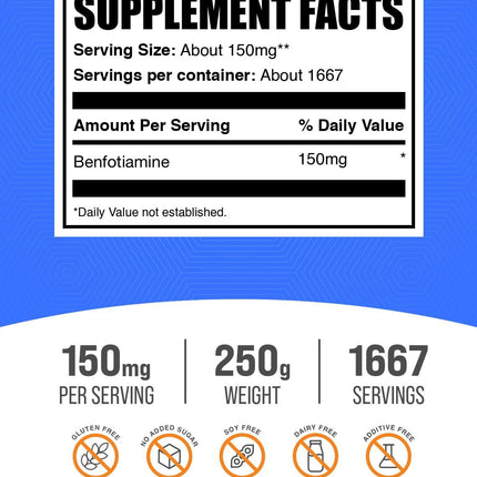 BulkSupplements Benfotiamine Powder – Vitamin B1 (Fat-Soluble), 150 mg/Serving, Gluten Free, 250 g
