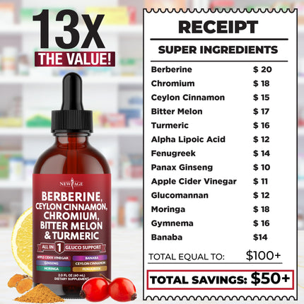 Berberine with Ceylon Cinnamon Liquid Drops 4 OZ – Immune Support with Ginseng, Turmeric, Chromium, Bitter Melon, Moringa