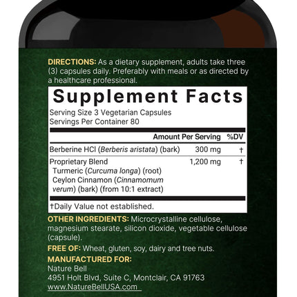 NatureBell Berberine 1500mg with Cinnamon & Turmeric – 2 Pack Veggie Capsules | 97% Pure Berberine HCl