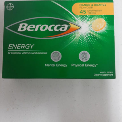 Berocca Energy Mango-Orange Flavor Effervescent Tablets – Vitamin B & C, 45 Count