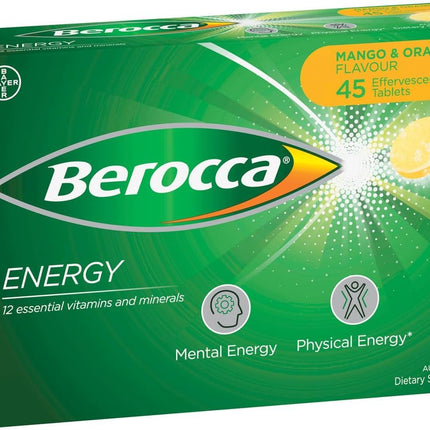Berocca Energy Mango-Orange Flavor Effervescent Tablets – Vitamin B & C, 45 Count