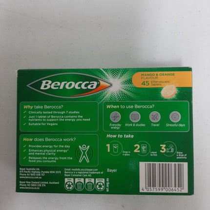 Berocca Energy Mango-Orange Flavor Effervescent Tablets – Vitamin B & C, 45 Count