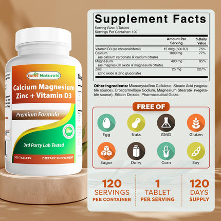 Best Naturals Calcium Magnesium Zinc with Vitamin D3, 300 Tablets - Calcium 1000 mg, Magnesium 400 mg, Zinc 25 mg & D3 600 IU per Serving (3 Tablets) (Pack of 2)