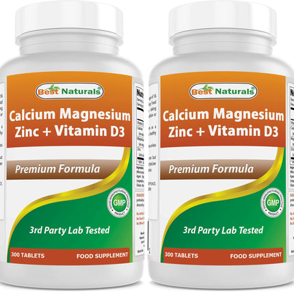 Best Naturals Calcium Magnesium Zinc with Vitamin D3, 300 Tablets - Calcium 1000 mg, Magnesium 400 mg, Zinc 25 mg & D3 600 IU per Serving (3 Tablets) (Pack of 2)