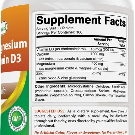 Best Naturals Calcium Magnesium Zinc with Vitamin D3, 300 Tablets - Calcium 1000 mg, Magnesium 400 mg, Zinc 25 mg & D3 600 IU per Serving (3 Tablets) (Pack of 2)