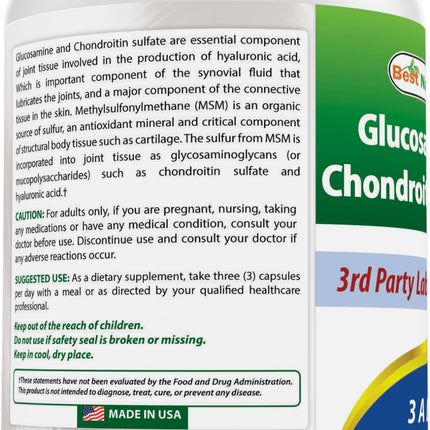 Best Naturals Glucosamine Chondroitin MSM Joint Supplement – 2600 mg/Serving, 180 Capsules per Bottle, Pack of 3