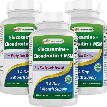Best Naturals Glucosamine Chondroitin MSM Joint Supplement – 2600 mg/Serving, 180 Capsules per Bottle, Pack of 3